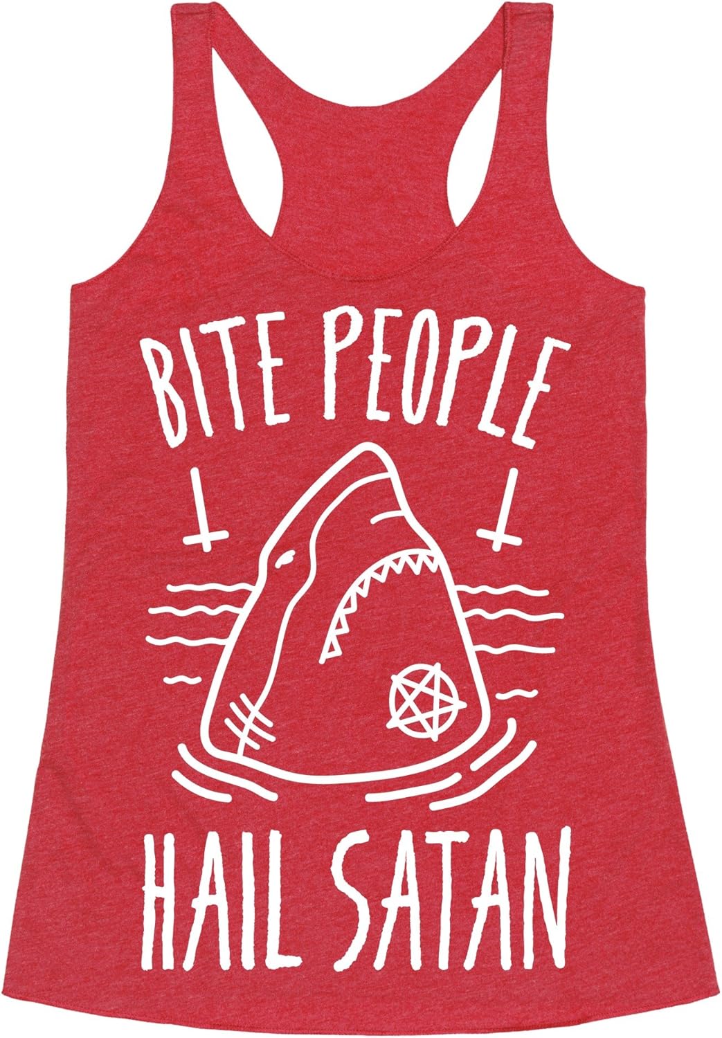 LookHUMAN Bite People Hail Satan - Shark (White) Heathered Black Women's Racerback Tank