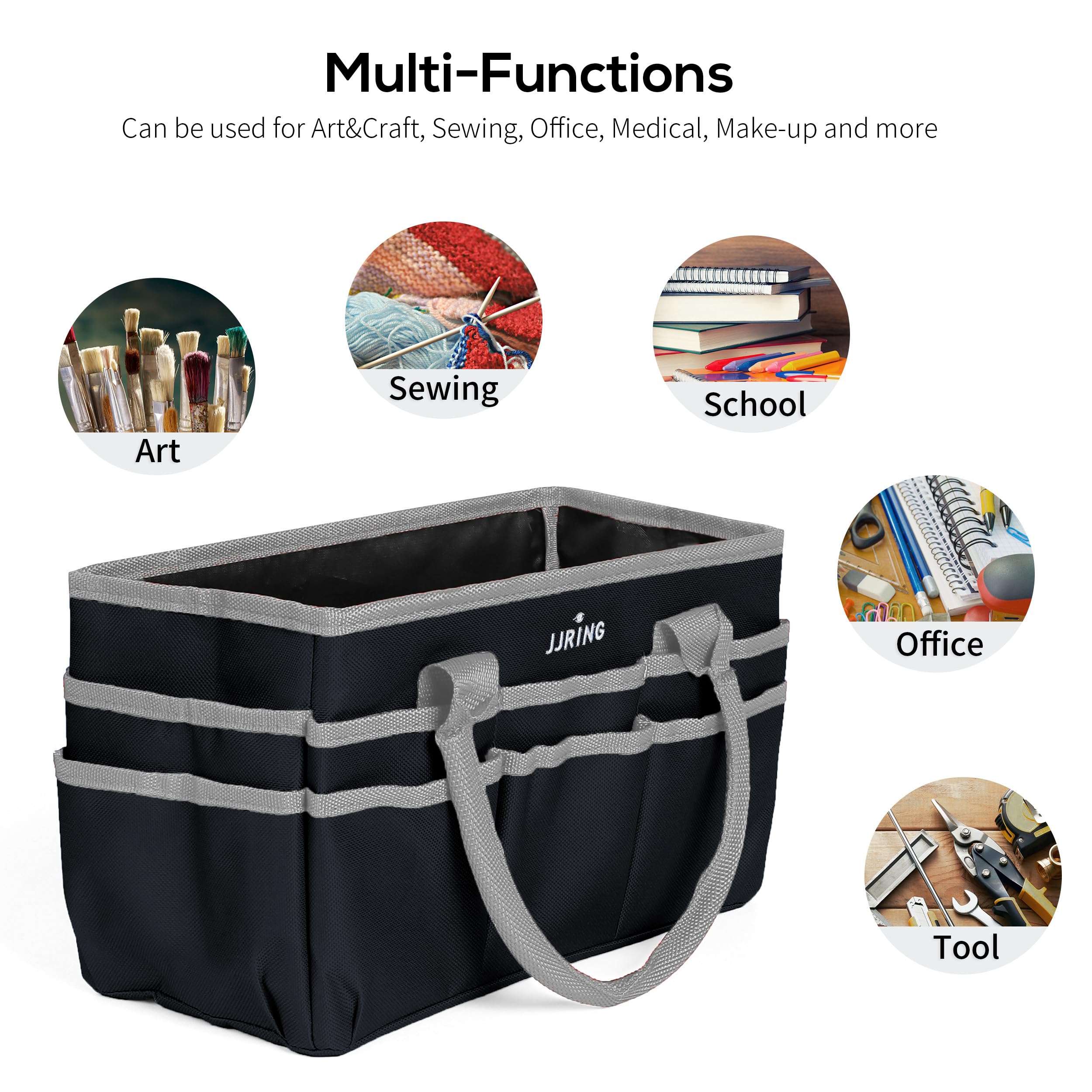 Jjring Craft and Art Organizer Tote Bag - 600D Silver Nylon Fabric Art Caddy with Pockets - for Art, Craft, Sewing, Medical, and Office Supplies Storage