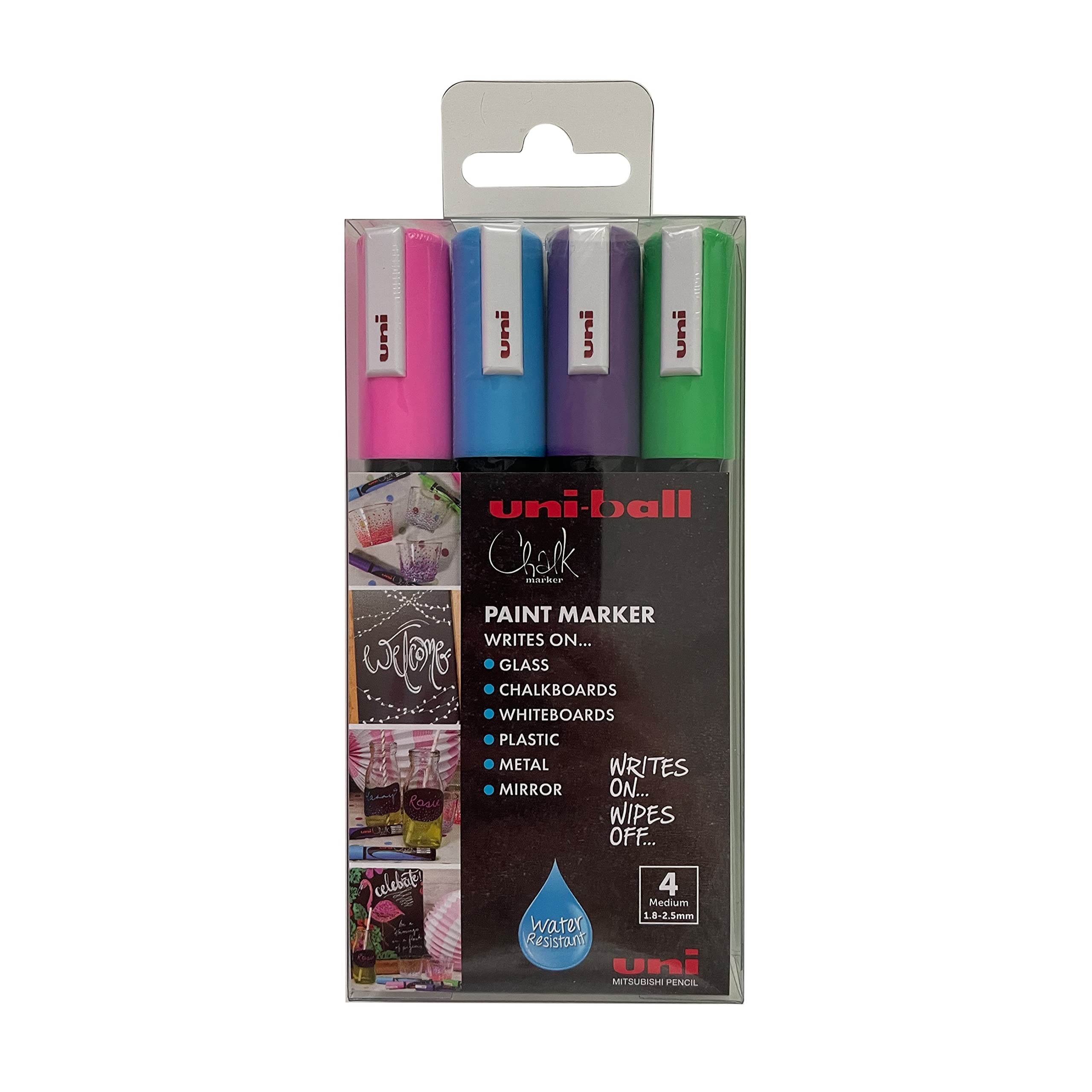 uni-ball PWE-5M Liquid Chalk Pens. Multi-Purpose Wipeable Coloured Markers for Blackboards, Chalkboards, Whiteboards, Glass, Mirrors, Plastic, Windows, Metal. Safe for Kids. Bullet Tip. 4 Pack