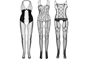 Fengek 3 Packs Women Fishnet Bodysuits, Stockings Sleepwear Lingerie for Couple Dating Nightwear, Black