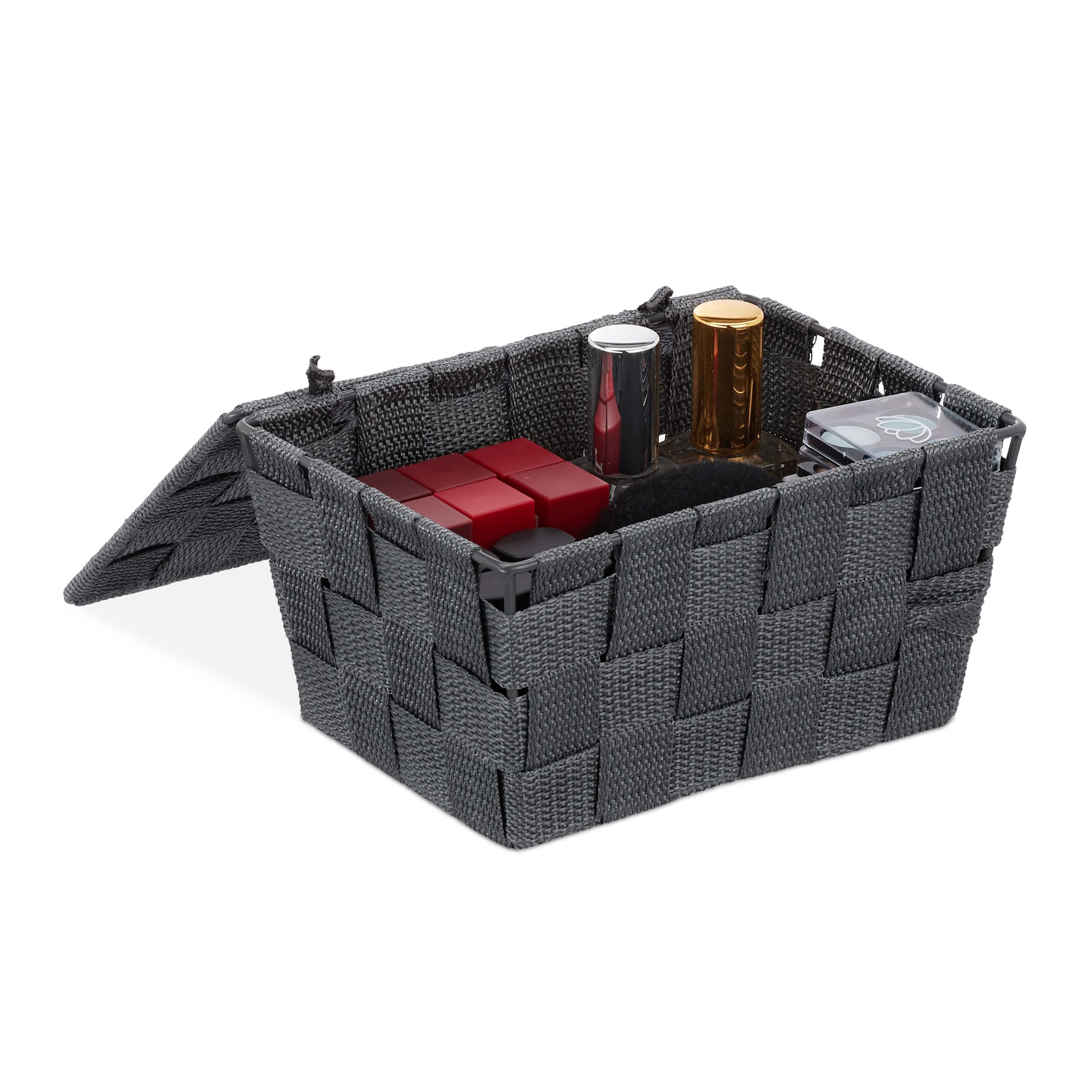 Relaxdays Lidded Storage Basket with Lid, Bathroom Storage, PP, HxWxD: 10.5 x 19.5 x 14.5 cm, Grey