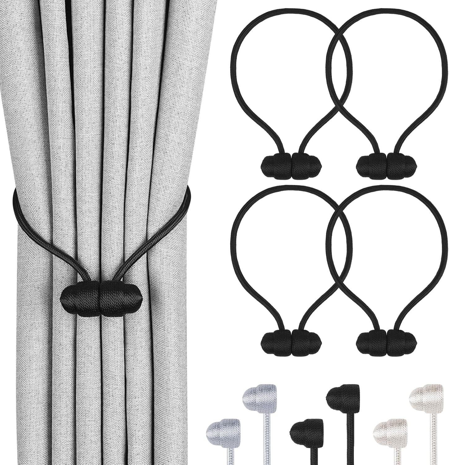 Window Treatment Hardware - Ohtomber Magnetic Curtain Tiebacks Black 4 Pack, Curtain Tie Backs Holdbacks Holders Hooks Clip Buckles for Curtains Drapes, Curtain Ties for Home Bedroom Office Decorative Curtain