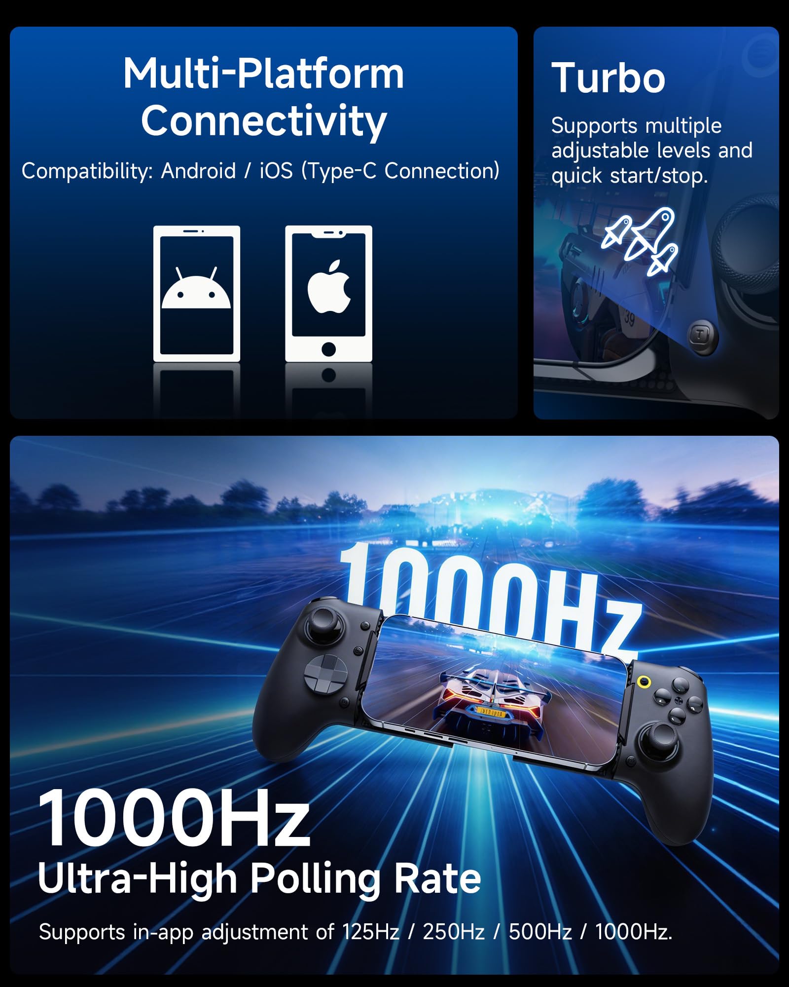 EasySMX M20 Mobile Controller mit USB-C für iPhone, Android-Smartphones und Tablets 8,5", Smartphone Controller mit Hall Effekt-Joystick/Zweistufiger Trigger, Dual Grip Motors-Schwarz 6