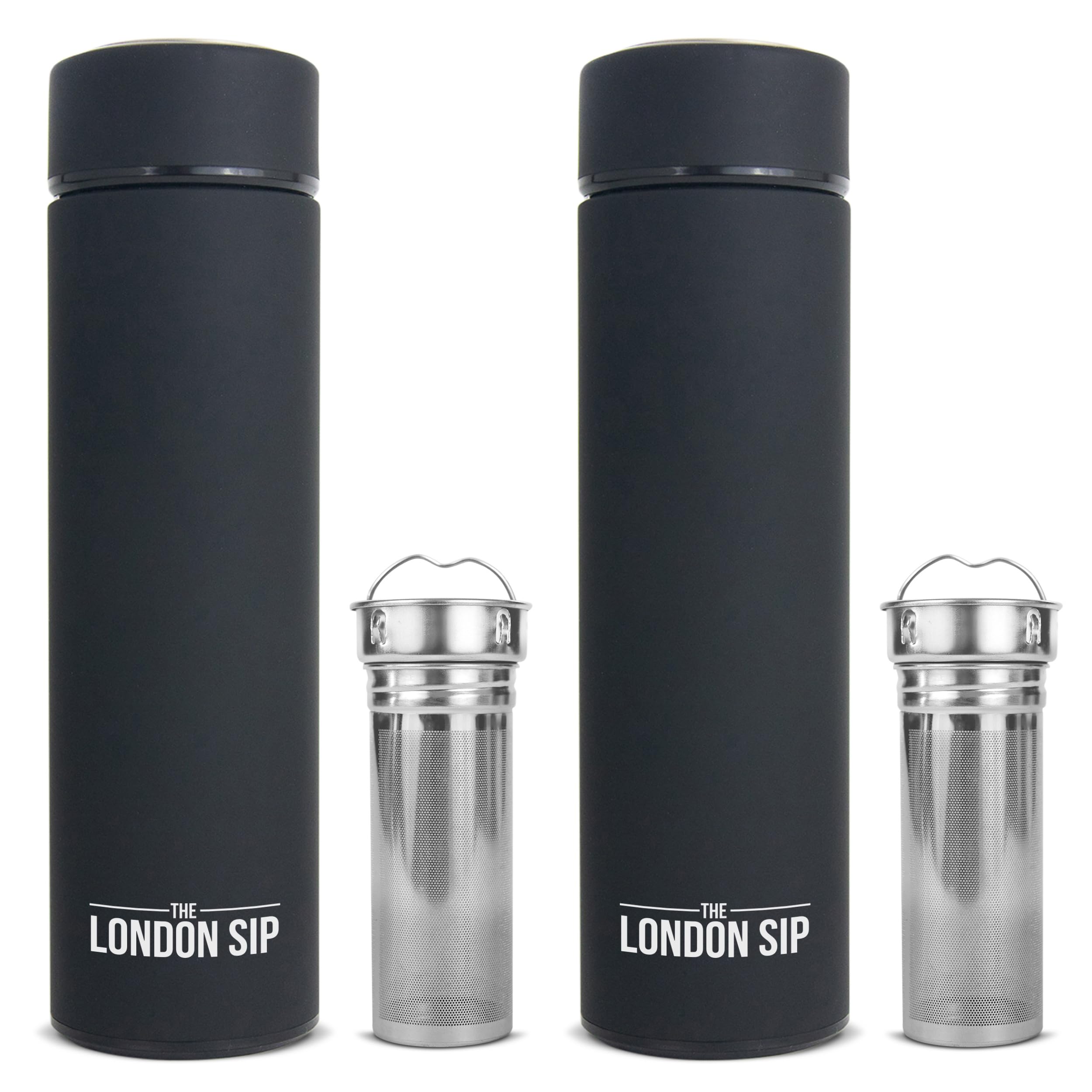 London Sip Multi-Purpose Travel Mug and Tumbler Fruit Infused Flask Hot and Cold Double Wall Stainless Steel Thermos with Extra-Long Infuser, Zen Black, Pack of 2 Image London Sip Multi-Purpose Travel Mug and Tumbler Fruit Infused Flask Hot and Cold Double Wall Stainless Steel Thermos with Extra-Long Infuser, Zen Black, Pack of 2 Image