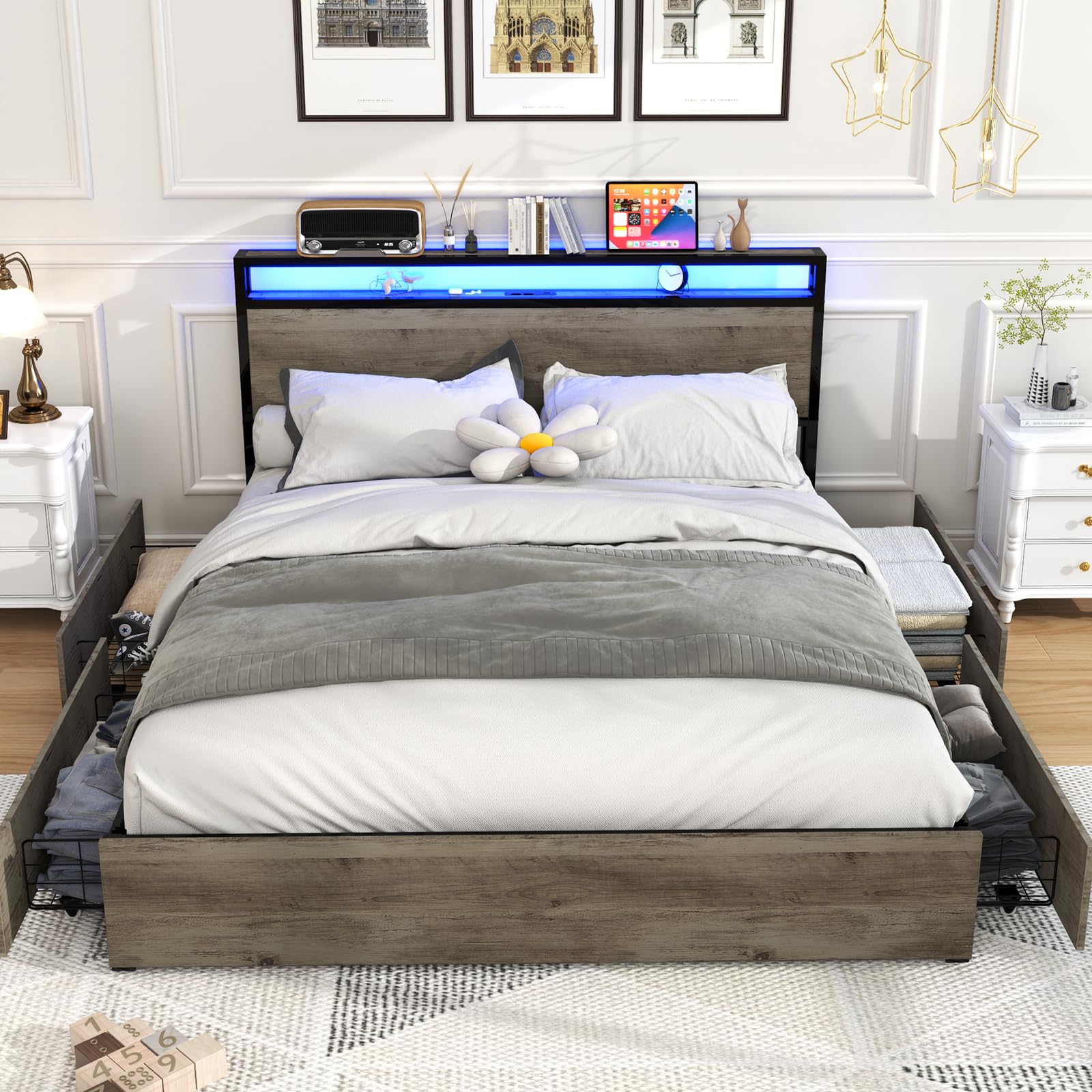 Photo 1 of *SEE CLERK COMMENTS* *Missing Parts*
Kiivakii Full Size Bed Frame with Headboard, LED Platform Bed with 4 Storage Drawers, Built in Charging Station, Noise-Free, Metal Support Base, No Box Spring Needed, Gray