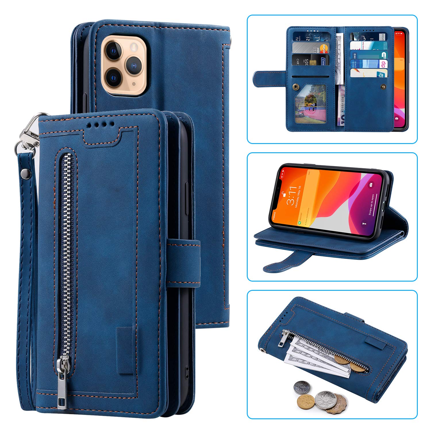 UEEBAI Wallet Case for iPhone 13 Pro 6.1 inch, Retro 9 Card Holder Slots Zipper Pocket Handbag Case PU Leather Magnetic Closure Kickstand with Wrist Strap TPU Shockproof folio Case - Blue