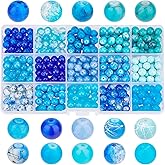 PH PandaHall 450pcs 8mm Blue Glass Beads, 15 Styles Sea Blue Crackle Glass Bead Round Loose Beads Spacers Craft Glass Beads for Summer Boho Hawaii Bracelets Necklaces Earring Crafts Jewelry Making