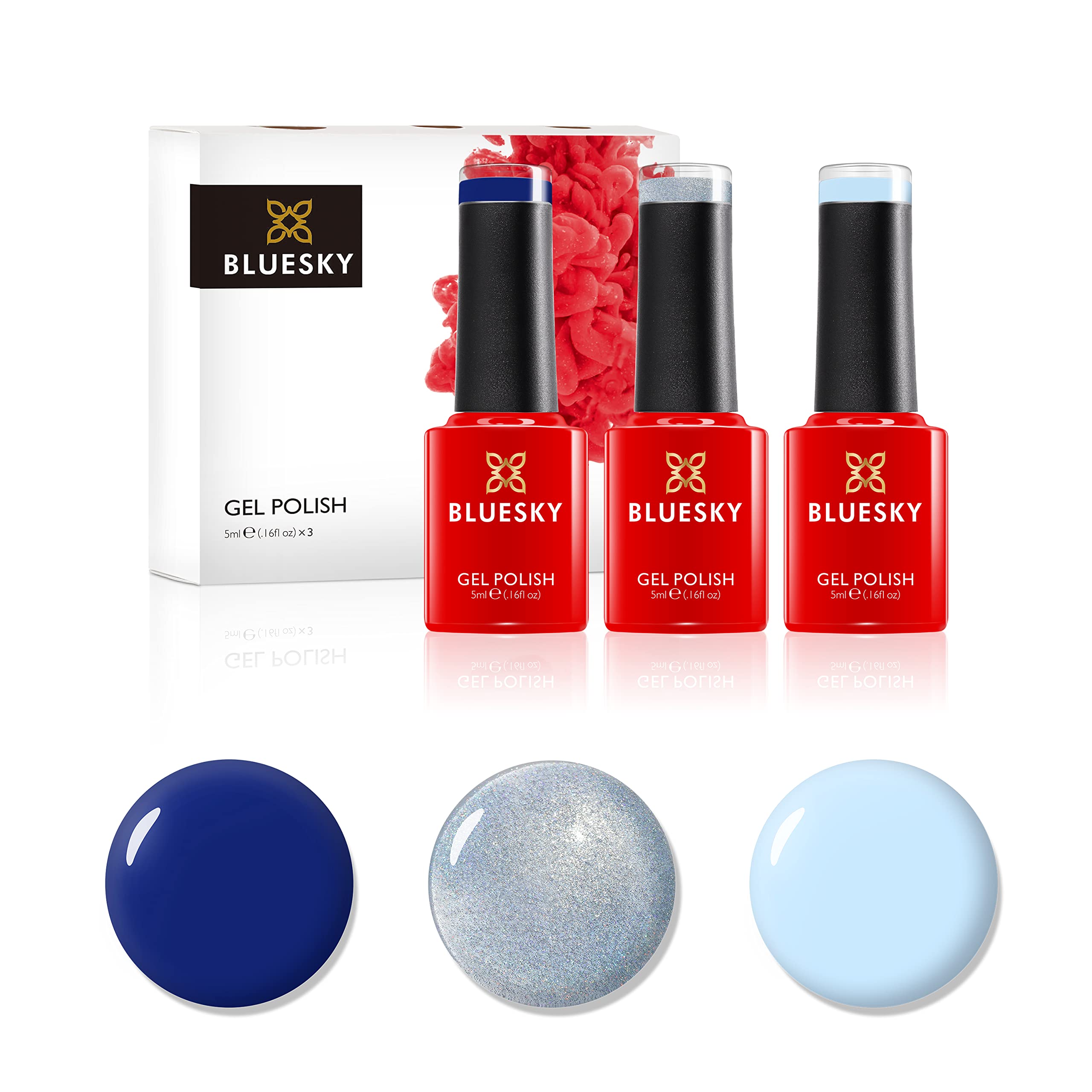 Bluesky Gel Nail Polish Set, Bestselling Blues, Navy Seals A024, Creekside 80596, Prince Charming Ch05, Blue, Navy 3 x 5 ml (Requires Curing Under UV or LED Lamp)