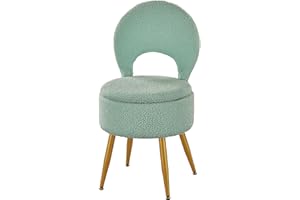 ZYKZYK Vanity Stool with Storage and Backrest, Folding Back & Velvet Seat, Footrest, Round Ottoman with Sherpa, Vanity Chair with Storage, Ideal for Bedroom, Living Room, and Makeup Stations