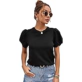 SweatyRocks Women's Summer Short Puff Sleeve Tee Top Round Neck T-Shirt