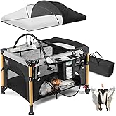 Baby Bassinet Bedside Crib for Travel with One-Hand Setup 5-in-1 Foldable Baby Playpen, Portable Pack and Play with Bassinet,Diaper Changer & Adjustable Mattress for Newborn to Toddler (Black)