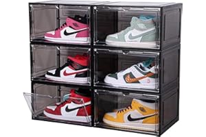 ZLLZUU Upgraded Shoe Organizer Shoe Storage Boxes, 6 Pack Large Side Open Shoe Boxes with Magnetic Door, Clear Plastic Stackable Shoe Containers (Black)