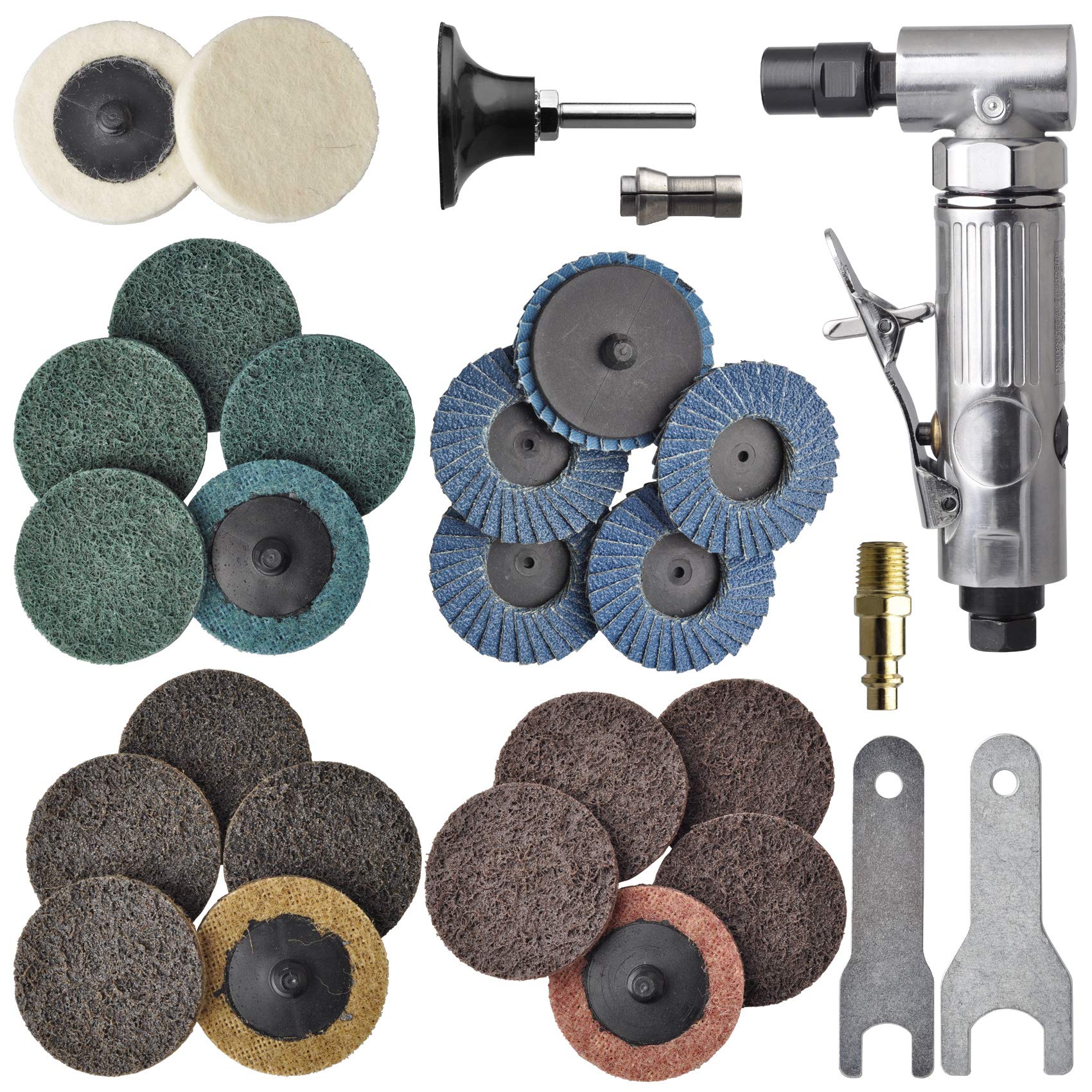 Photo 1 of 1/4 inch angle air die grinder with 22 pcs 2-inch roll lock sanding discs, polished color angle pneumatic die grinder, air die grinder kit