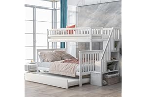 BIADNBZ Bunk Bed Twin Over Full with Trundle and Stair,Wooden Bunk Bed for Kids/Teens/Adults/Bedroom,White
