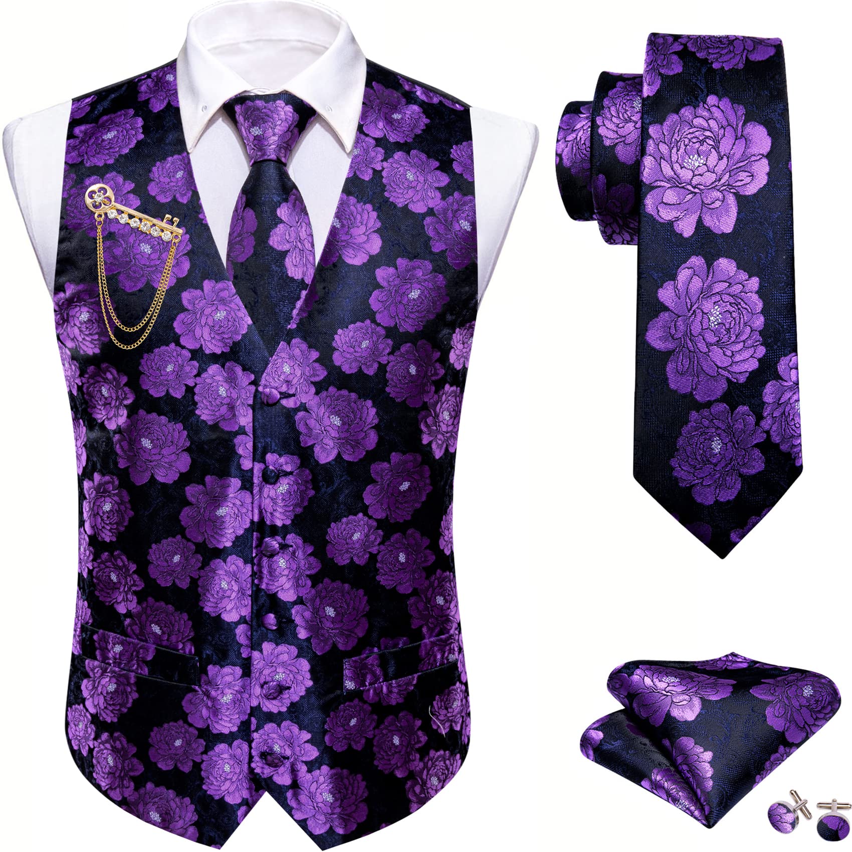 Barry.Wang Mens Suit Vest Purple Flower Silk