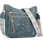 FORUWISH Crossbody Bags for Women, Embossed Vegan Leather Purses | Medium Multi-Pocket Shoulder Bag with Boho Wide Strap