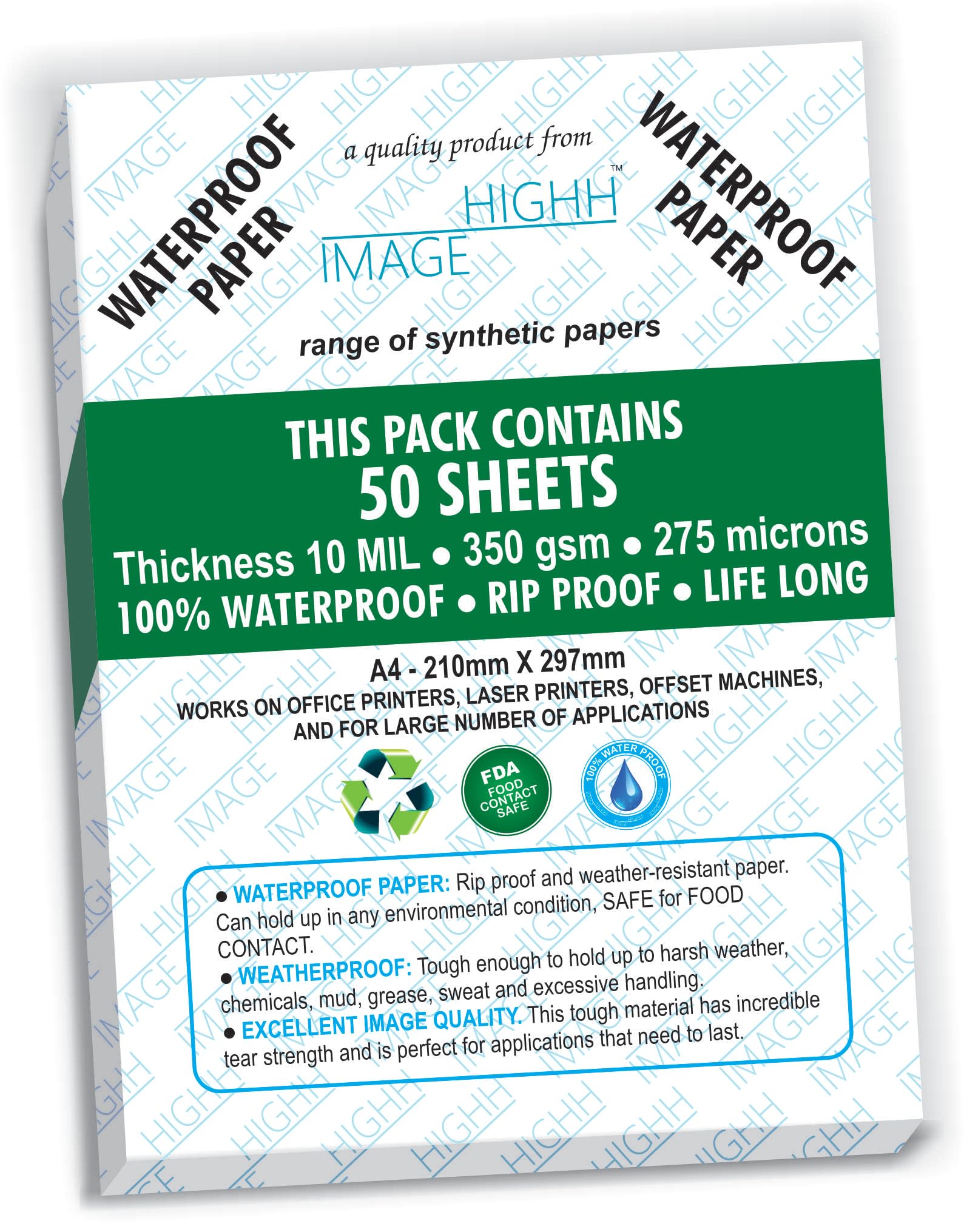 Waterproof Paper. Tear-Proof | 50 Sheets, 350 GSM Thickness 10 MIL, A4 Synthetic Paper, from HIGHH IMAGE for Laser Printers.