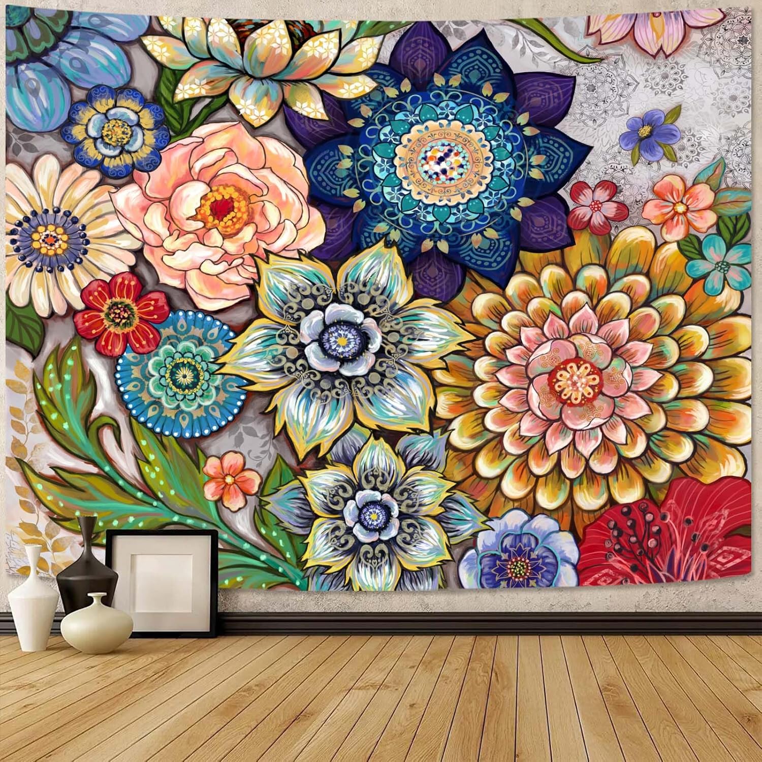 Tapestries - Neasow Colorful Floral Tapestry Wall hanging, Bright Boho Fabric Blossom Tapestries, Multi Color Tapestry for Bedroom Home Hippie Wall Decor 50×60 inch