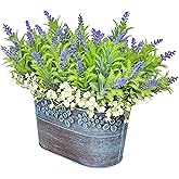 Artificial Flowers Lavender Arrangement in Rustic Rectangular Metal Planter, Pre-Potted Fake Lavender Table Centerpiece for Gifts Farmhouse Wedding Kitchen Windowsill Table Shelf Indoor Greenery Décor
