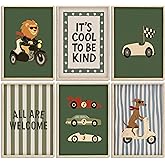 6Pcs Baby Nursery Wall Art Vintage Cartoon Animal Car Lion Painting Picture Wall Decor Kids Transport Lnspirational Quotes Posters Sage Green Print Artwork For Boys and Girls Room Playroom, Unframed