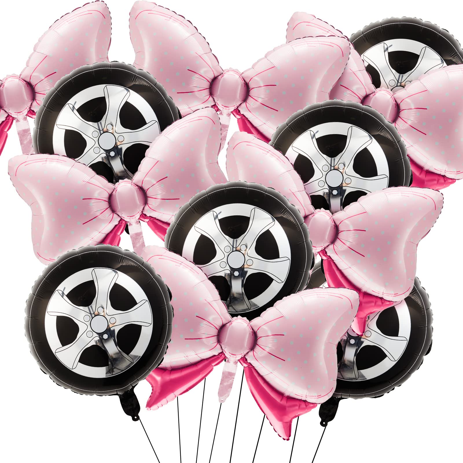 Photo 1 of 12 Pieces Burnouts or Bow Foil Balloons Black Car Wheel Gender Reveal Pink Polka Dots Balloons for Baby Shower Gender Reveal Wedding Birthday Party Decoration