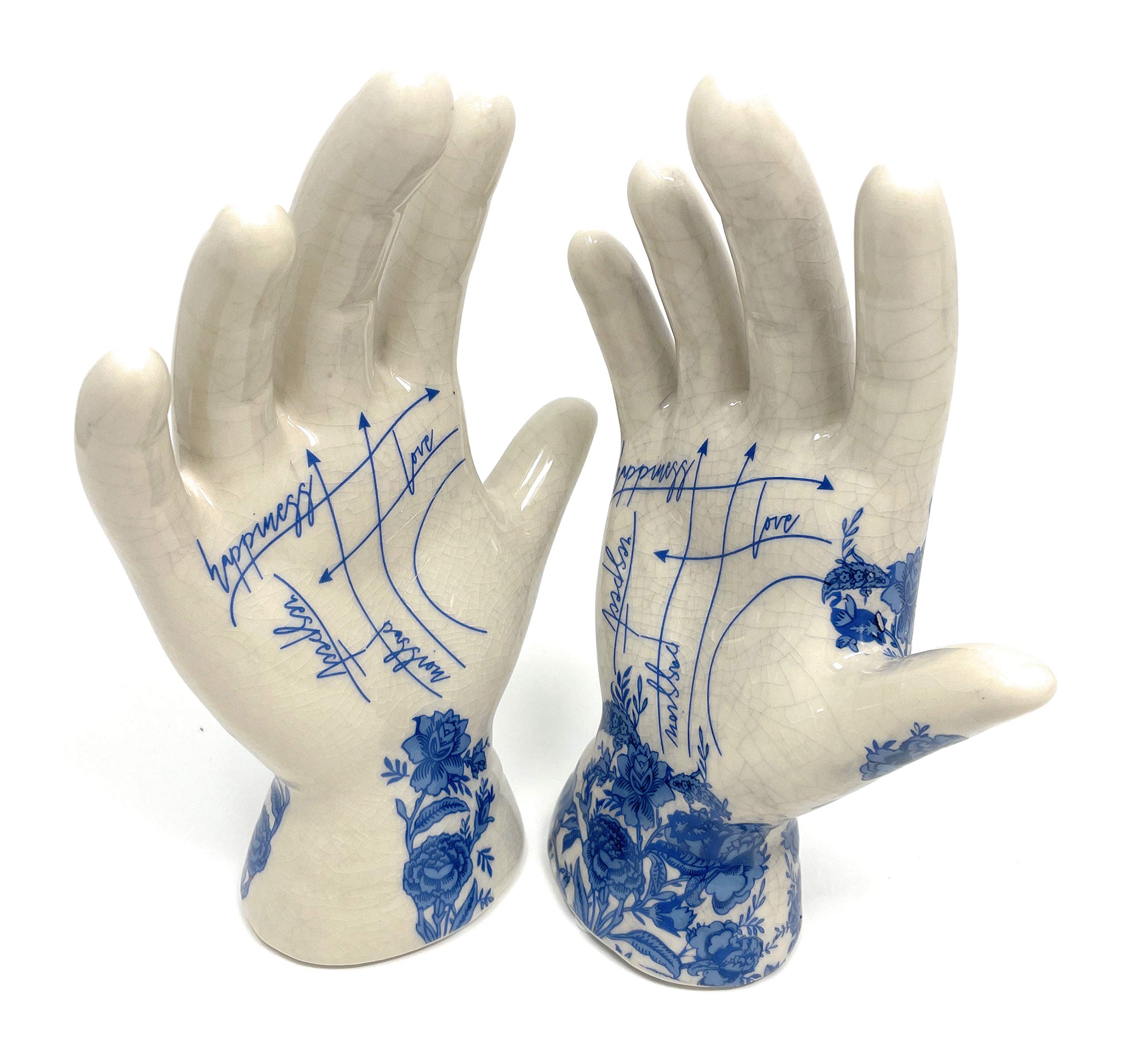 Oak Tree Temerity Jones Pair of Porcelain Willow Phrenology Palmistry Hands Map of the Hand in Blue and White Tattoo Rockabilly Style Set of 2