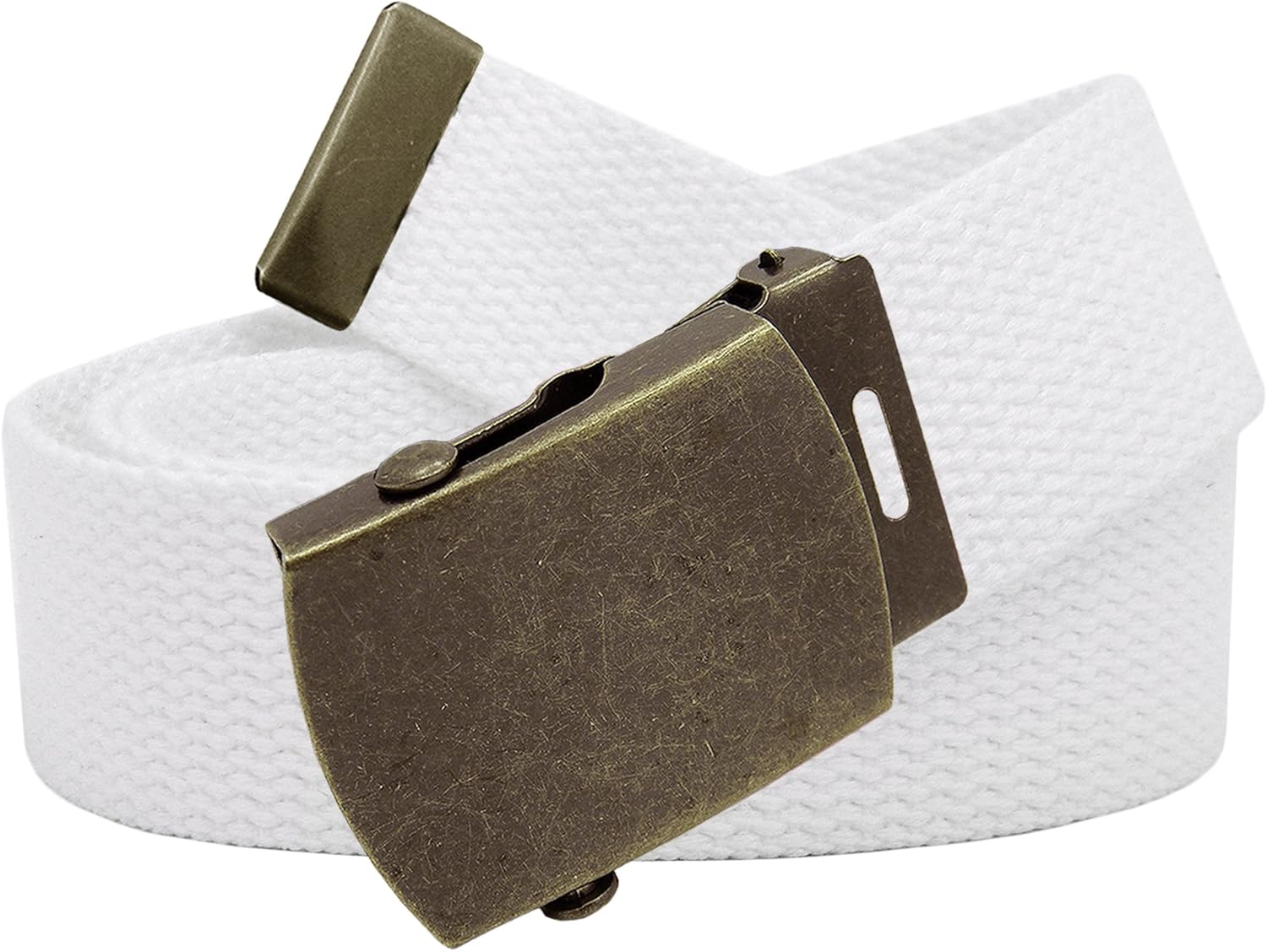 Men's Antique Gold Slider Military Belt Buckle with Canvas  Belt Small White
