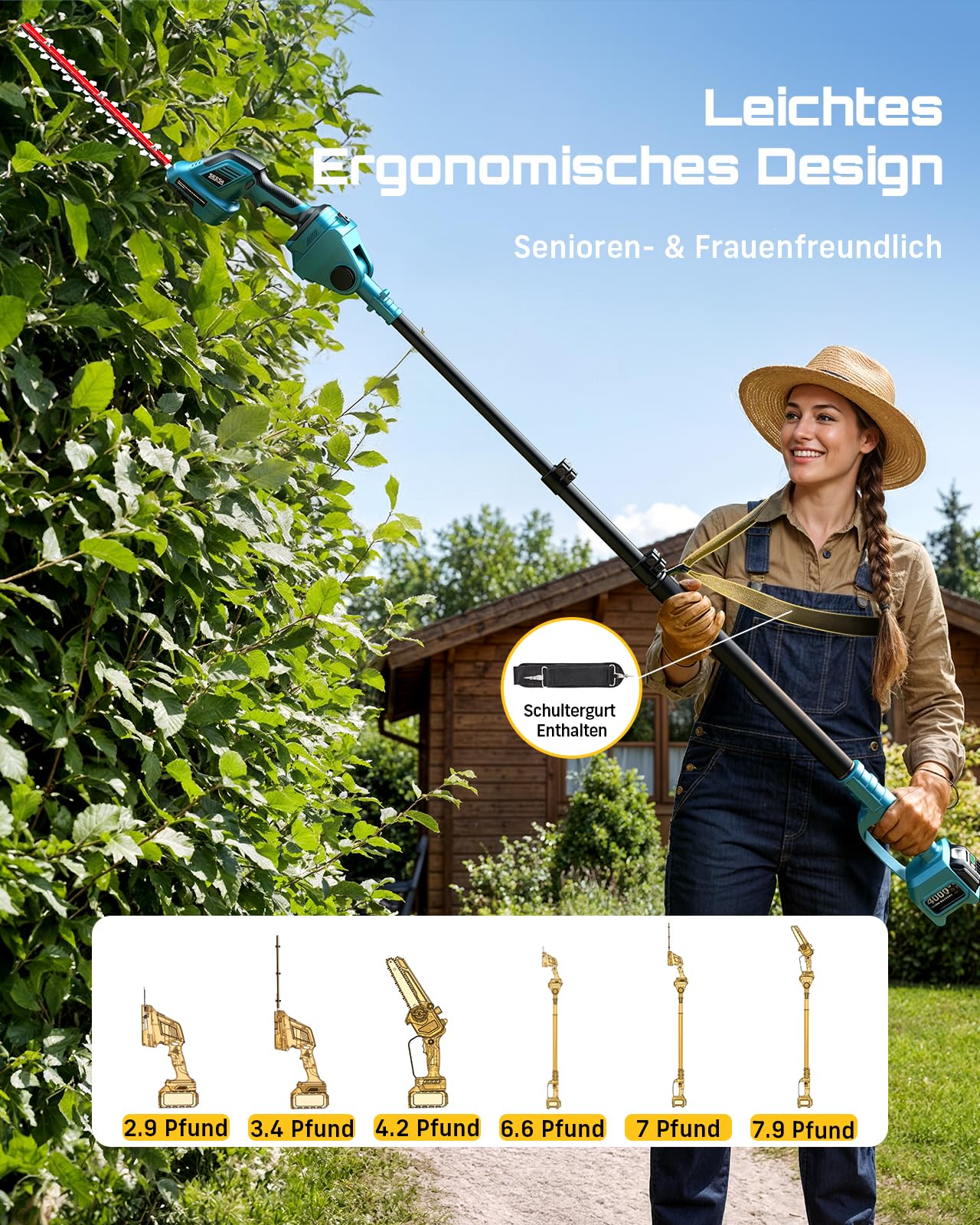 SEESII 6-in-1 Mini Kettensäge & Akku Heckenschere Set, Hochentaster mit 2 * 4000mAh Akkus, Maximale Reichweite bis zu 4,57m, Geeignet für Gartenpflege und zum Holzfällen 8