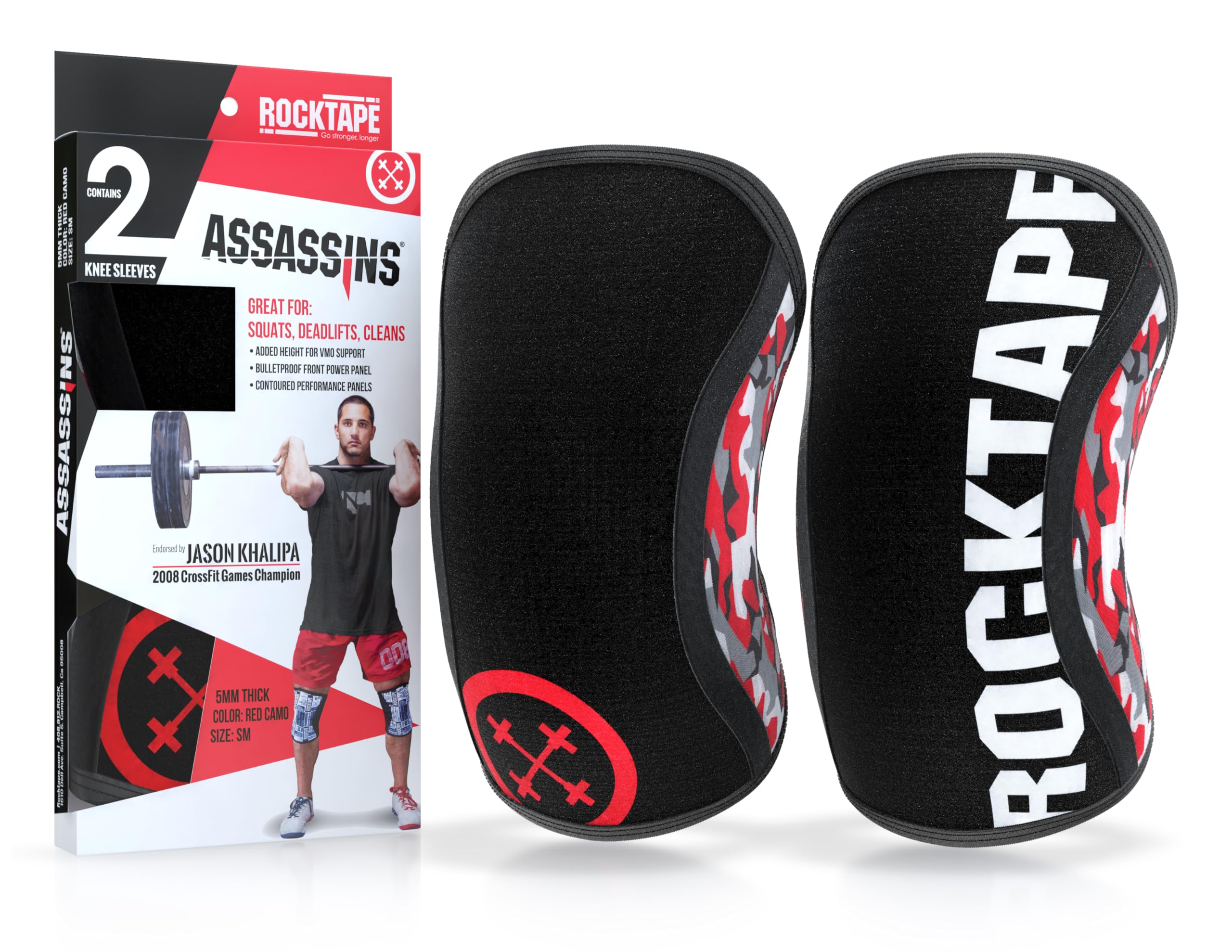 RockTape Assassins Knee Sleeves 5mm – Pair of Neoprene Sleeves for Moderate Support, Compression & Warmth – Breathable 4-Way Lycra Liner – Ideal for Lifting, Squats & WODs, Red Camo, X-Large