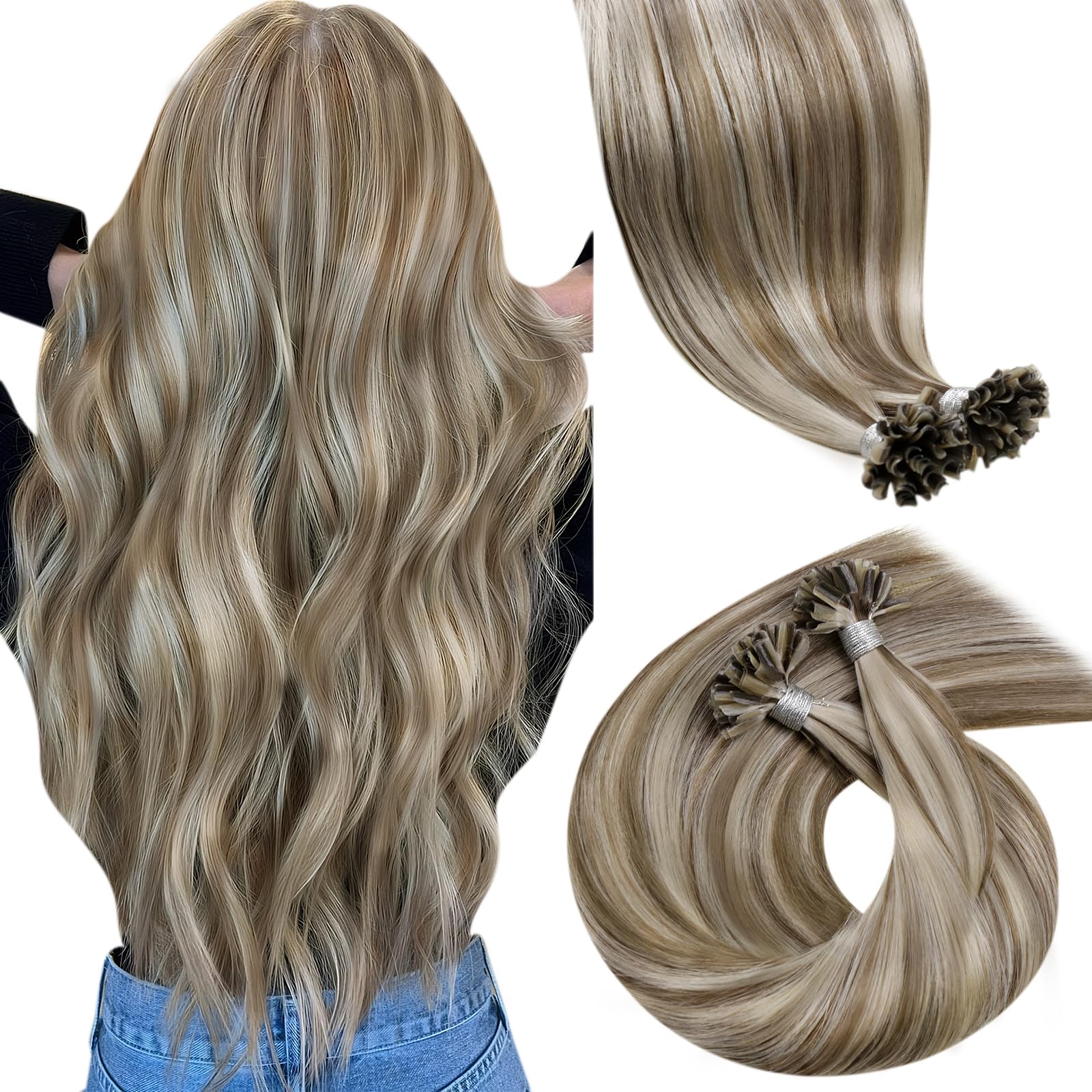 LaaVoo Hair Extensions U Tip Real Human Blonde, Remy Straight Highlight Light Brown & White Blonde Real Hair Extensions, Hot Fusion for Invisible & Stable 50s 50g 24 Inch #p8/24 — image 1