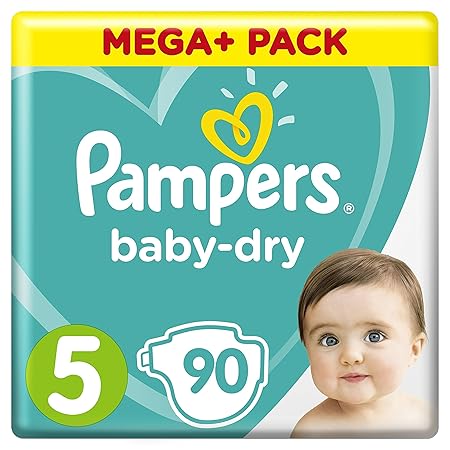 Pampers Baby-Dry Windeln Größe 5 (11-16 kg), Luftkanäle für atmungsaktive Trockenheit die ganze Nacht, Mega Plus Pack, 1er Pa