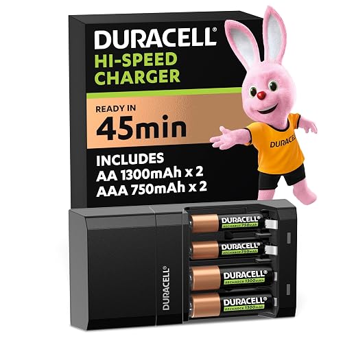 DURACELL Hi-Speed Battery Charger, 45 minutes, Compatible with AA and AAA NiMh Batteries, 2x AA 1300mAh and 2x AAA 750 mAh, Rechargeable Batteries Included