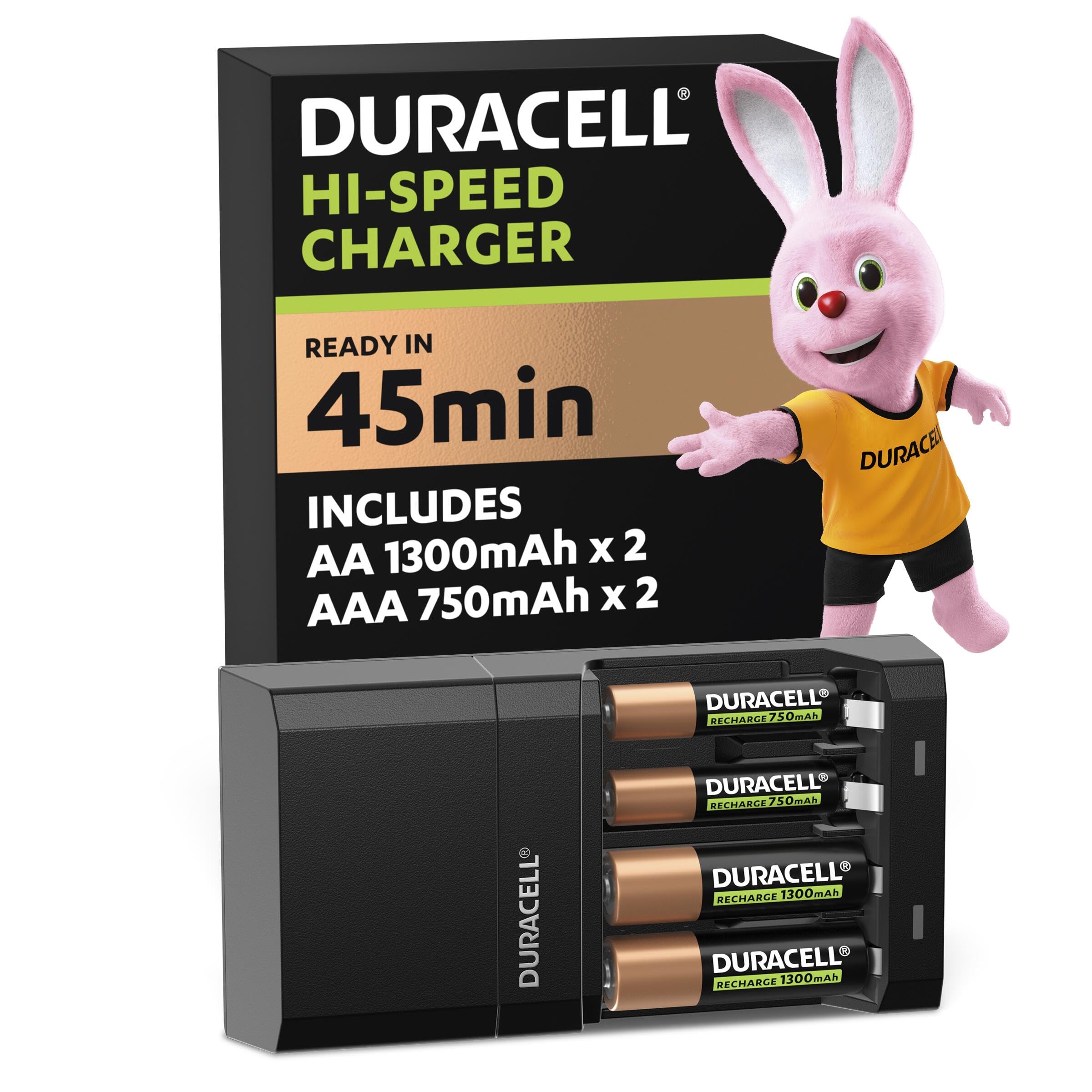 DURACELL Hi-Speed Battery Charger, 45 minutes, Compatible with AA and AAA NiMh Batteries, 2x AA 1300mAh and 2x AAA 750 mAh, Rechargeable Batteries Included