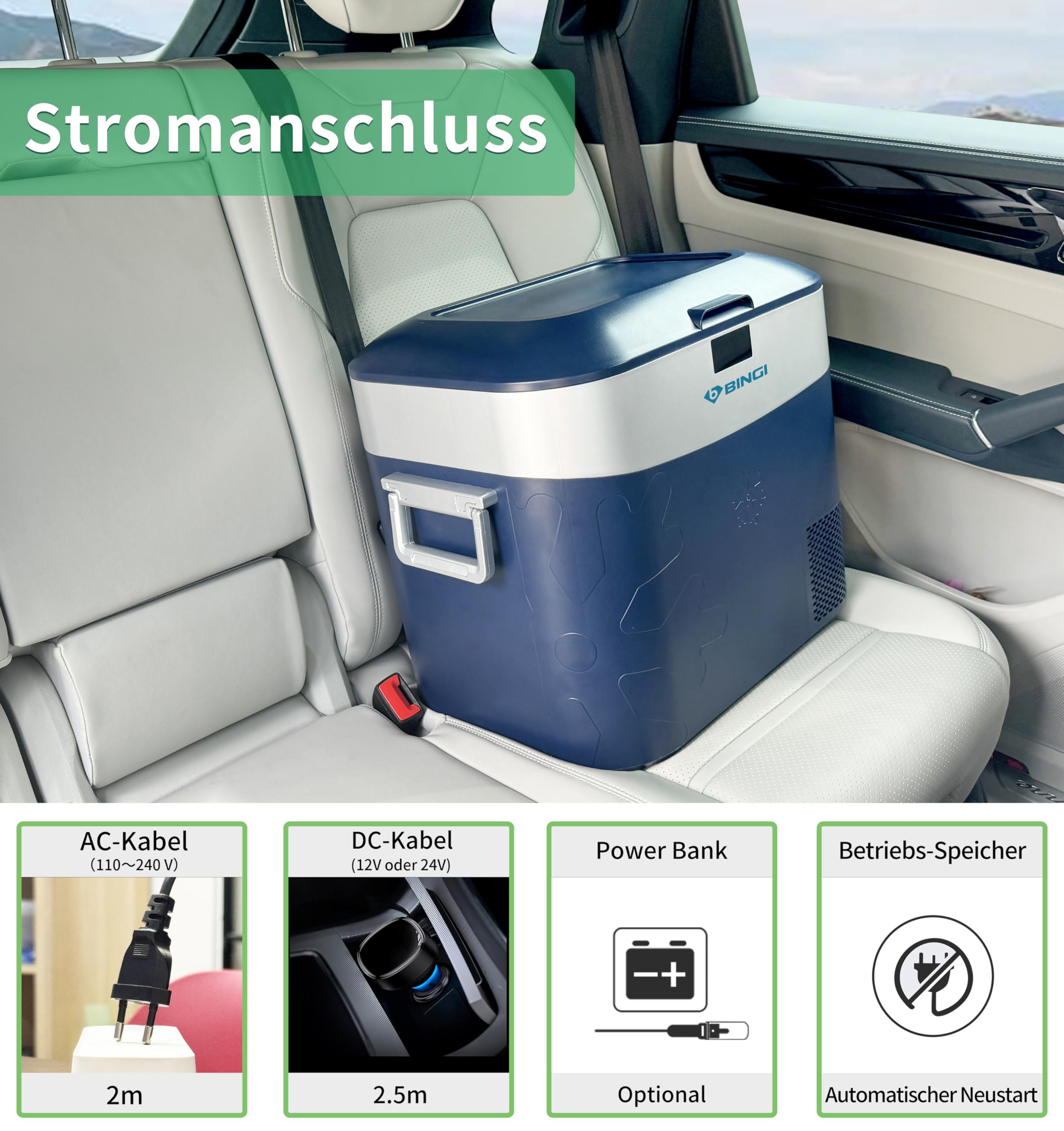BINGI Kompressor Kühlbox 22L Tragbarer Auto Kühlschrank 12/24V DC und 230V AC Mini Gefrierschrank für Auto, LKW, Camping, Wohnmobil und Zuhause (15℃ bis -18℃) 6