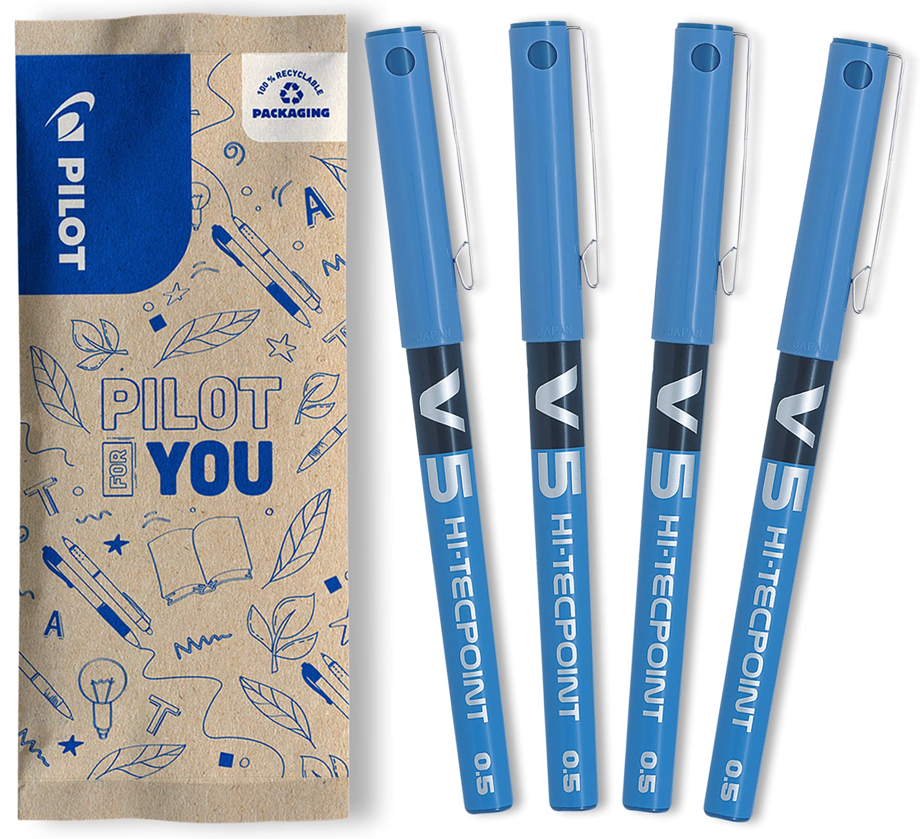 PILOT - Set of 4 V5 Liquid Ink Rollerball 0.5mm - Blue - Fine Tip