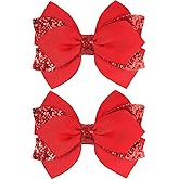 NCMAMA 4 Inch Sparkly Glitter Red Hair Bow Clips for Girls Boutique Sequin Alligator Barrettes Pins for Teens Toddler Children Kids Grosgrain Hair Accessories for Christmas Halloween Fall Birthday