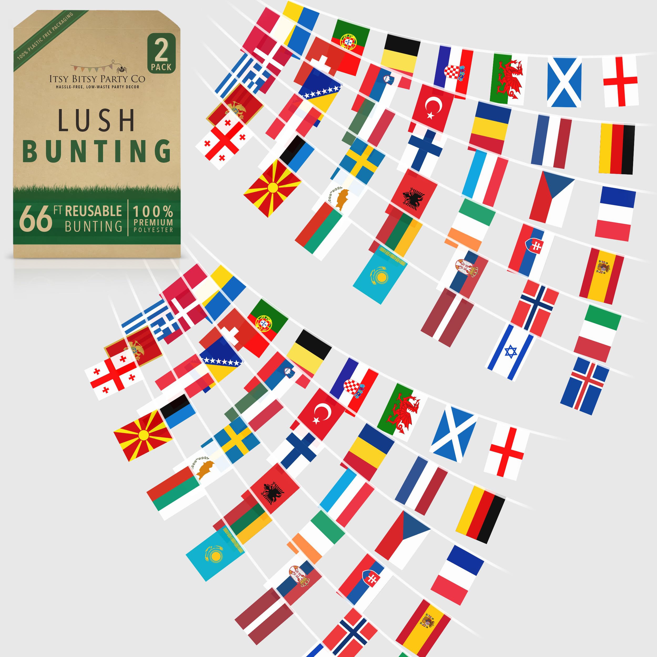 Premium Reusable Eurovision Bunting - 84 Eurovision 2026 Party Decorations - As Seen on TV, 100% Premium Polyester - European Flag Bunting (2-pack: 66ft, 84 European Flags)