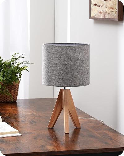 EDISHINE 36cm Wood Tripod Bedside Lamp with Grey Linen Shade E27 Base