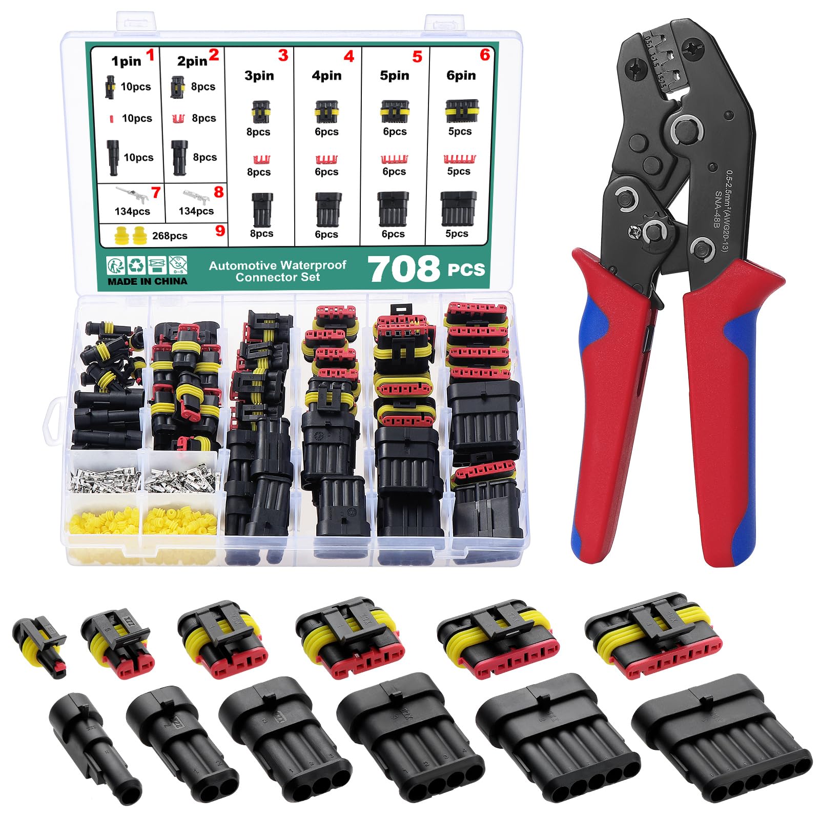 Faankiton 708PCS Waterproof Car Electrical Connector, 1/2/3/4/5/6 Pin Way Waterproof Electrical Connector Kit, Electrical Automotive Wire Connectors Plug, Terminals Plug, with Crimping Plier