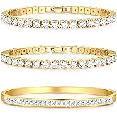 Yadoca Tennis Bracelets for Women Gold Bangle Bracelet Set 18K Gold Plated Stackable Cubic Zirconia CZ Diamond Bracelets Stack Wedding Bracelets for Brides Dainty Jewelry Gift Sizes 6.5-7.5 Inch 3Pcs