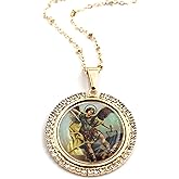 LESLIE BOULES St Michael The Archangel Pendant Necklace 18K Gold Plated Chain 18 Inches Length