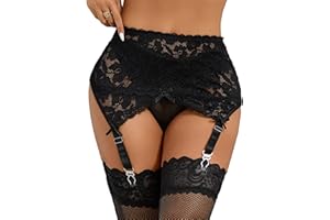 ohyeah Women's 2 Pcs High Waisted Lace Garter Belts Sexy Mesh Garter Belt Suspender for Thigh High Stockings Black (No Sock)