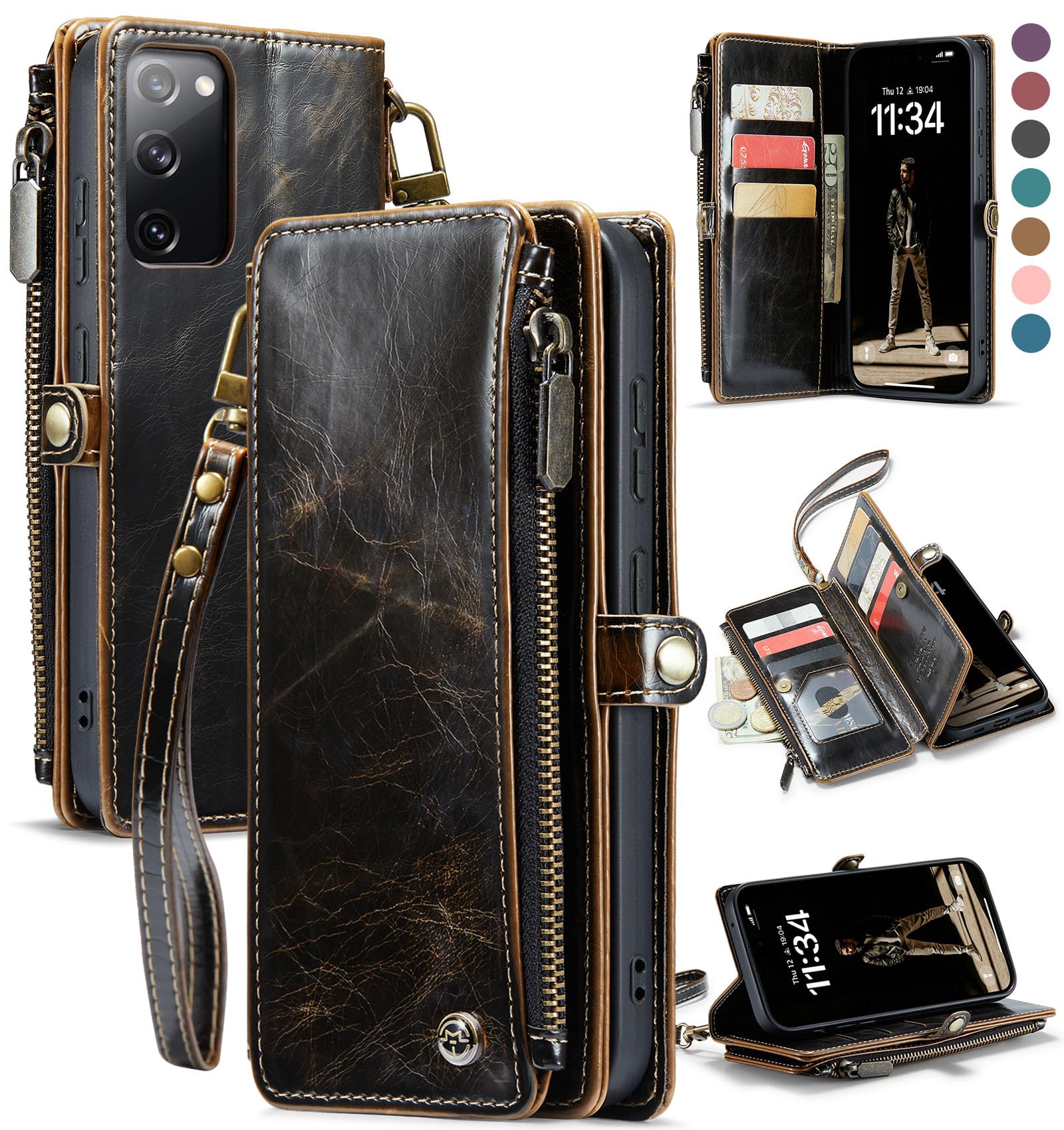 Defencase Compatible with Samsung Galaxy S20 FE 5G Case Wallet with RFID Blocking Card Holder for Women Men, PU Leather Magnetic Snap Flip Zipper Strap Wallet Phone Case Fit for Galaxy S20 FE, Coffee