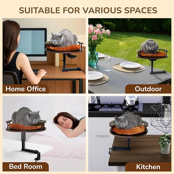 PURRHOUSE UP TO 45LBS CAT DESK BED – 360° ROTATION & ADJUSTABLE HEIGHT, PET PERCH FOR DESKS WITH WASHABLE CUSHION, DESK CAT BED ATTACHMENT FOR VARIOUS TABLES (WOOD_BROWN CUSHION)