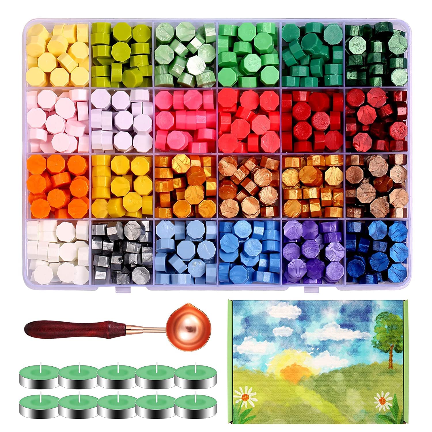 Comealltime 630Pcs Sealing Wax Beads, Colorful Seasons Theme Wax Seal Kit for Wax Seal Stamp with 1Pcs Wax Melting Spoon, 10Pcs Tea Light Candles and Gift Box, 24 Colors Wax Seal Beads