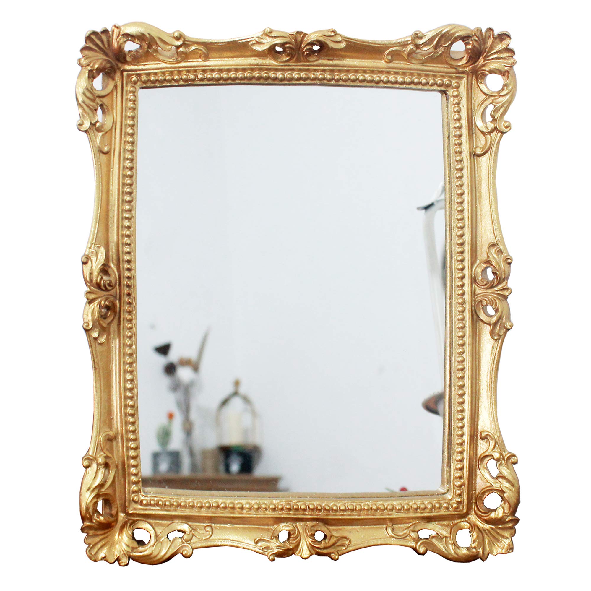 Funly mee Vintage 24 x 28 CM Decorative Mirror,Square Antique Gold Wall Mounted Tabletop Makeup Mirror