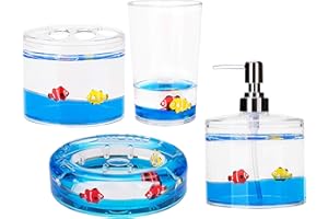 Locco Decor 4 Piece Acrylic Liquid 4D Floating Motion Bathroom Vanity Accessory Set Garden Theme Leaf Toothbrush Holder, Tumbler, Soap Dispenser, Soap Dish