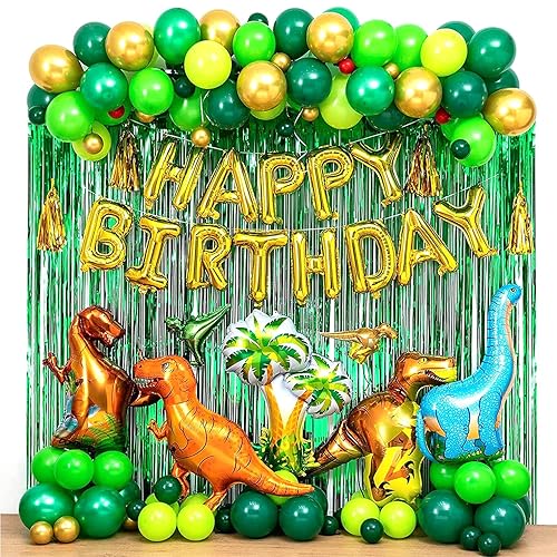 Dinosaur Party Balloons Supplies, 101Pcs Happy Birthday Decoration Foil Balloon Curtain Jungle Green Orange Blue Set Garland Arch Safari Baby Shower