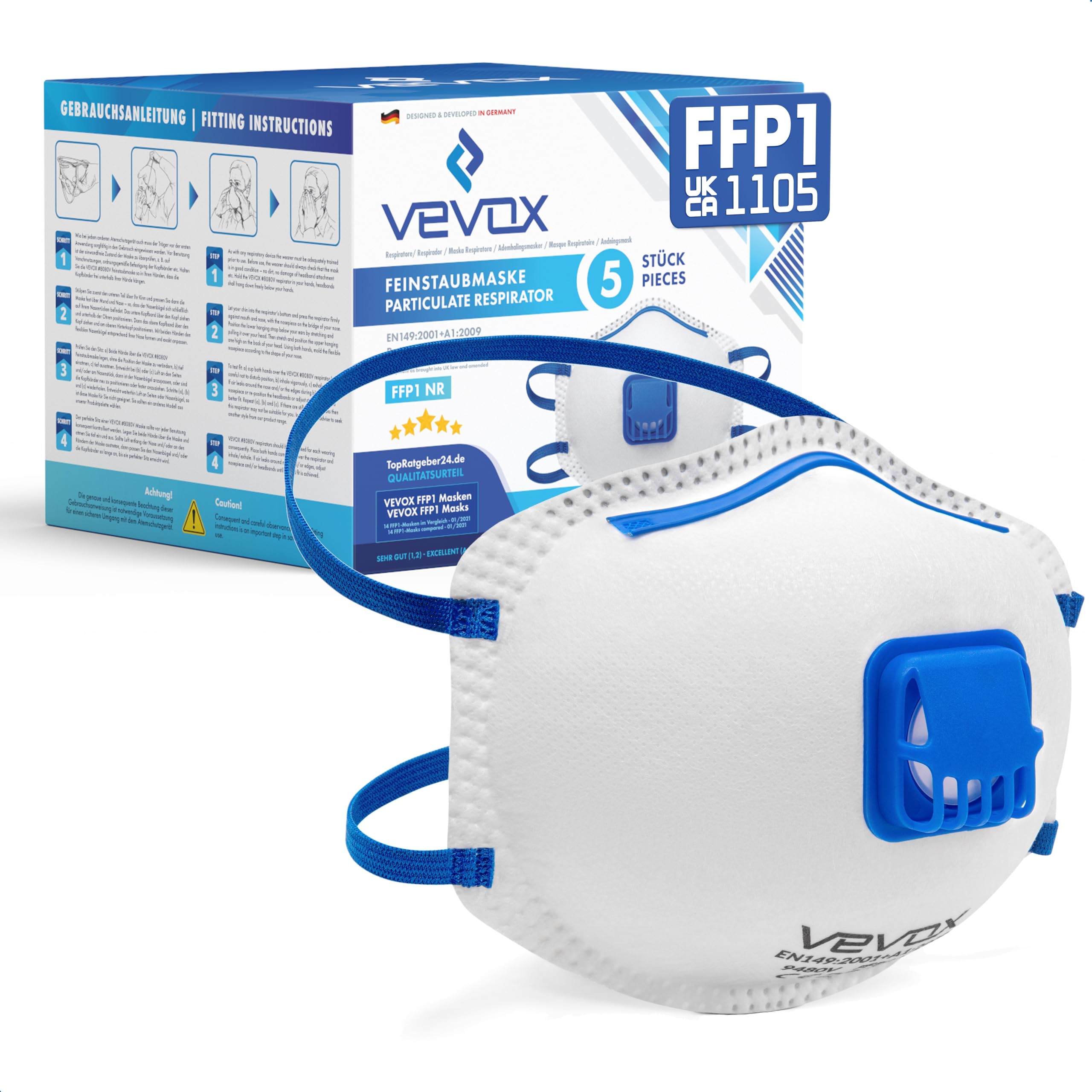 VEVOX® FFP1 Dust Mask - Set of 5 - Valved Face Masks - Respirator - Protection e.g. for Construction, Building Work, Sanding, Woodworking, Fine Dusts, Aersoles or Particles — image 1