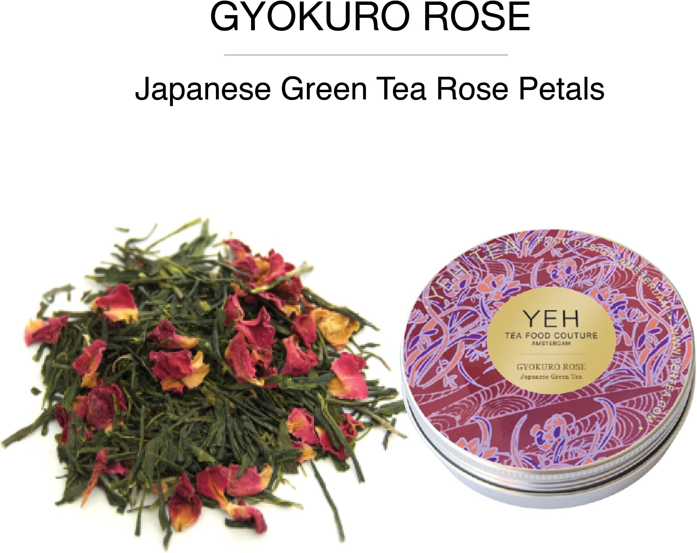 Yeh Tea Food Couture Gyokuro Rose - Premium Japanese Green Loose Leaves with Rose Petals - Sweet Flavour & Floral Aroma - Sustainable, Healthy Drinks - Gourmet Quality Tea Blend - 25g